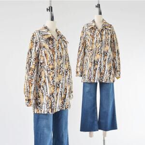 Vintage 70s Bamboo Plant Print Collared Button Down Blouse size M